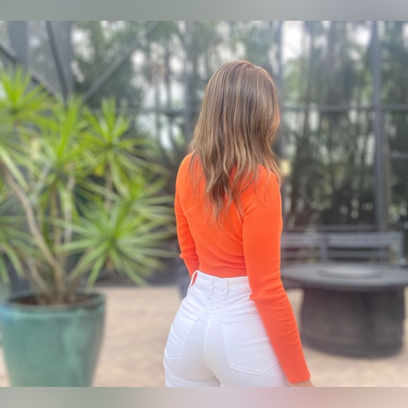 Balboa Orange Long Sleeve Top w/ Rhinestone Criss-Cross & Tie Waist - Small - Picture 2 of 7